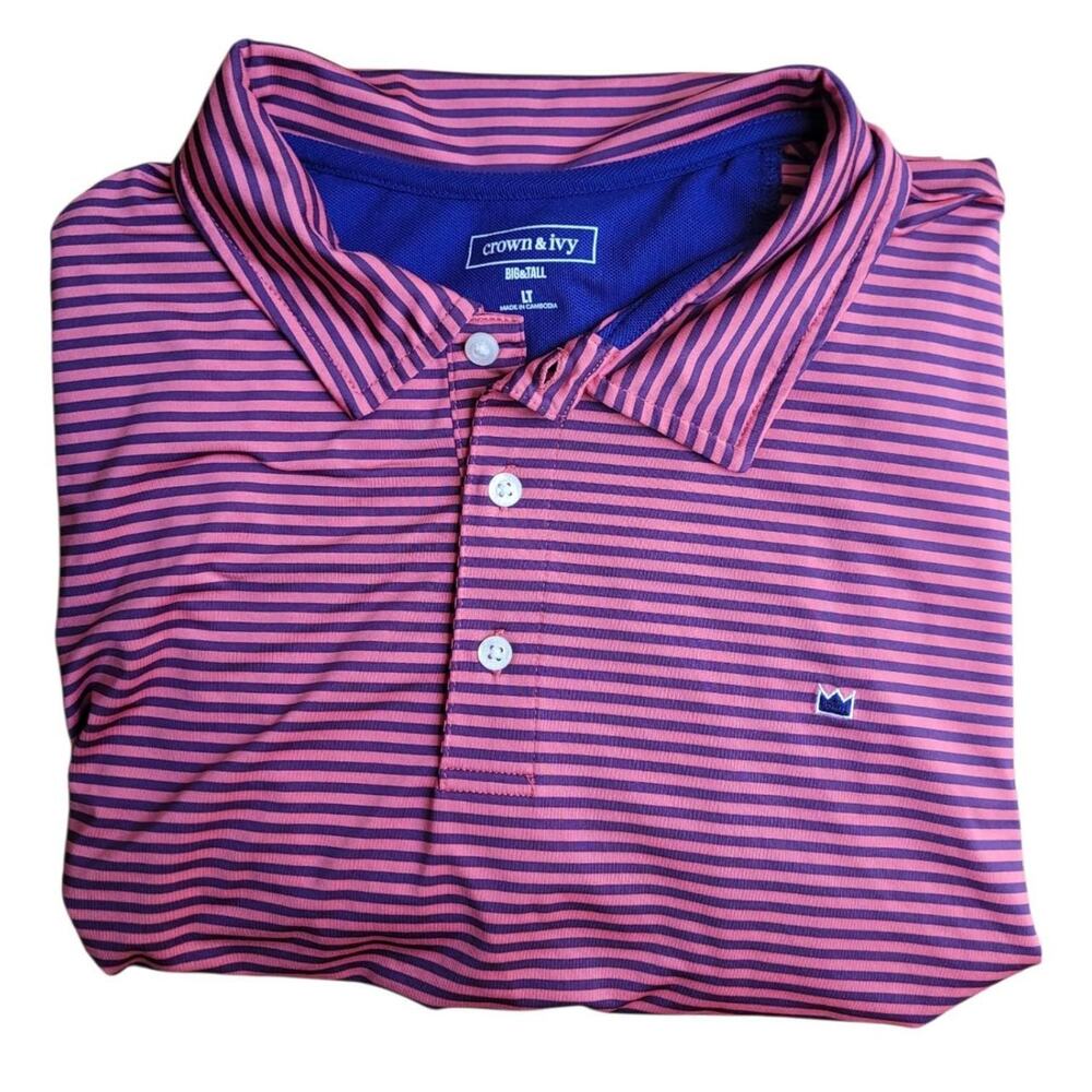 Crown & Ivy Big & Tall LT Pink Blue Striped Performance Golf Polo Shirt